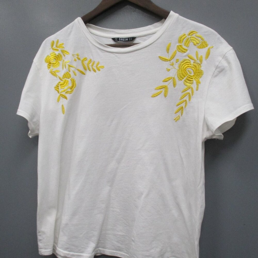 Shein Girls Blouse Size M White 100% Cotton Front Embroidery Short Sleeve Blouse